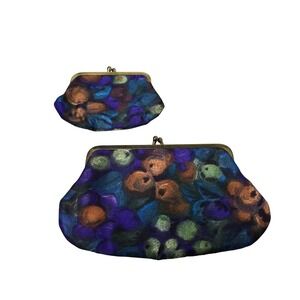 Vintage Celebrity NY Floral Pouch Set Clutch Multicolor Kiss Lock Cosmetic Coin